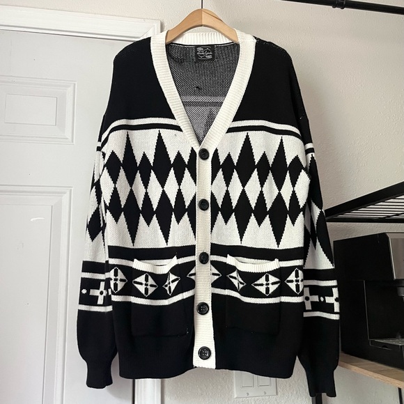 STEADY HANDS black and white chunky knit geo Nordic fair isle oversized cardigan - Picture 1 of 9